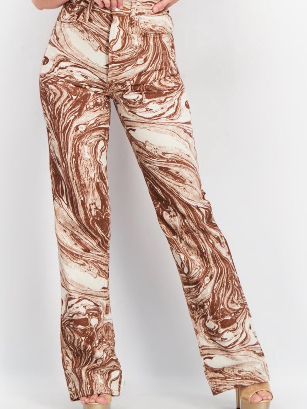 Topshop Marble Swirl Wide-Leg Denim Jeans Pants Brown and Cream size 26w30